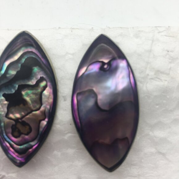 Vintage Alpaca Silver Genuine Purple Abalone Leaf Shape Stud Earrings Mexico 1" - Picture 4 of 12